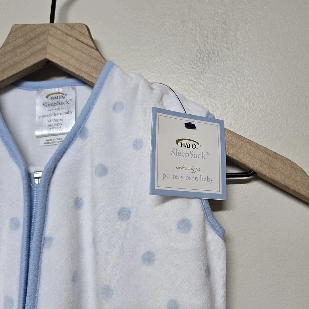 POTTERY BARN BABY SLEEP SACK HALO‎ SWADDLE MED 6-12  MONTHS BLUE POLKA DOTS